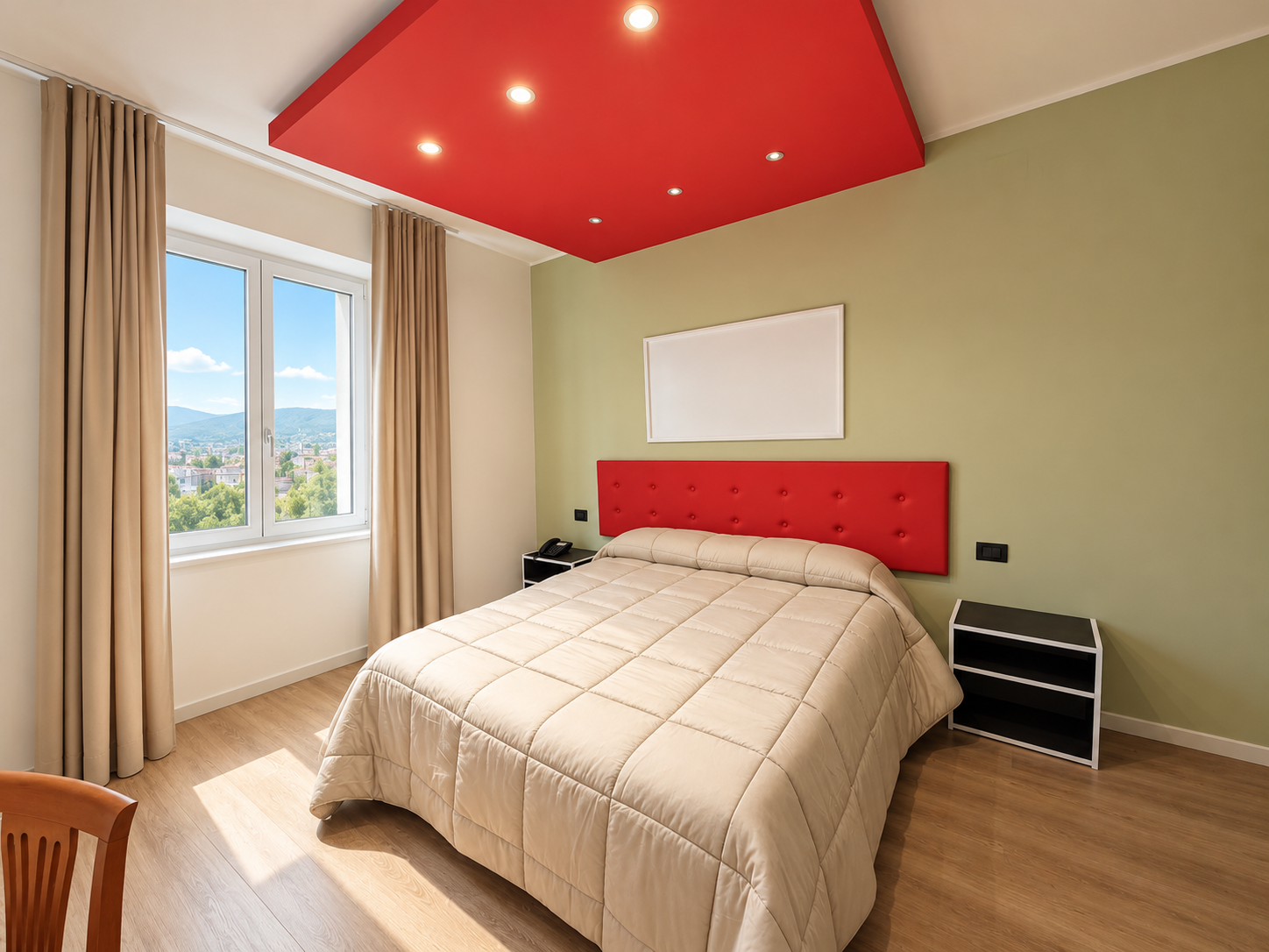 Camera da letto moderna con accenti rossi