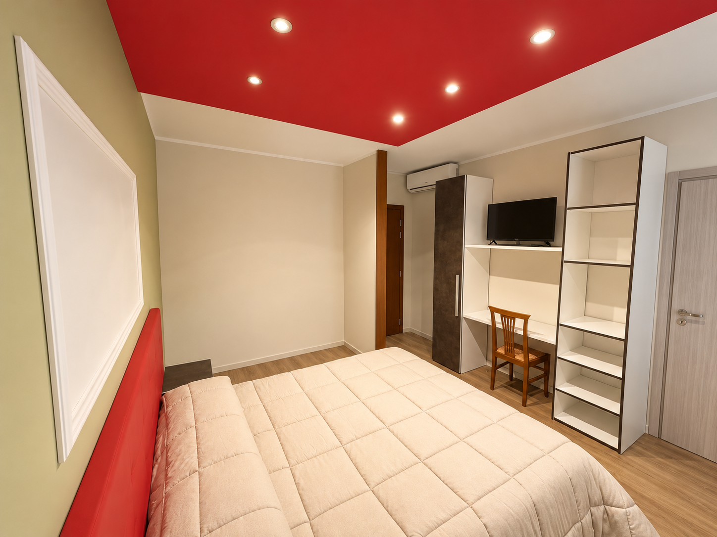 Camera da letto moderna con accenti rossi2